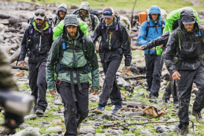 L-R: Oliver Dev, Ryan Stewart, Tyrie Mann Merrill, Spencer "Corry" Jones, Creighton Baird and Ethan Greenberg compete on episode 207 of Race to Survive: New Zealand, Kahuranghi Coast, New Zealand, date not specified | Photo by Brian Finestone courtesy of USA Network